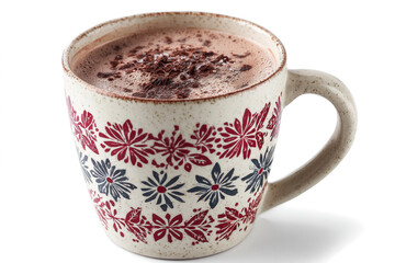 Hot chocolate in a patterned mug topped with chocolate shavings perfect for a cozy winter drink advertisement
