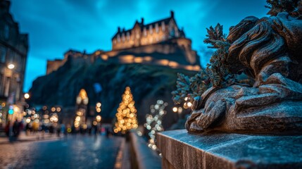Fototapeta premium Focused figure with Edinburgh Castle illuminated with Christmas lights in the background