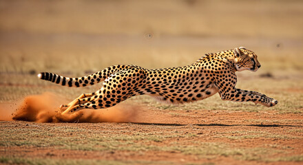 Obraz premium Cheetah in full sprint across the dusty savanna, a symbol of dynamic grace and the hunt for survival in the wild world
