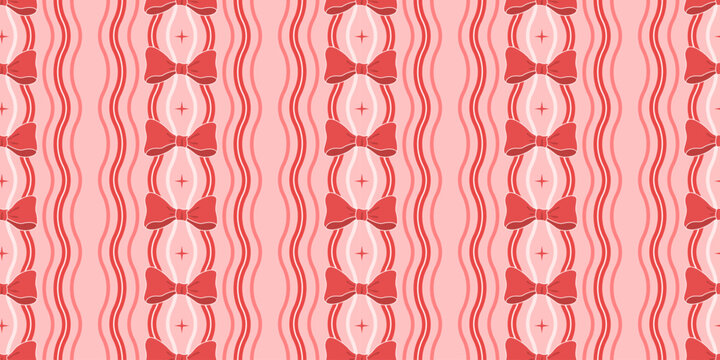 Seamless pattern holiday design. Scallop waves, stripes, bows, lines. Retro, vintage style. Seamless wallaper. Red, pink colors. Valentine's, mother's day, 8 March.