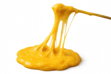 Melted yellow cheese sauce stretching from a spoon onto a gooey puddle, showing delicious, stretchy texture, transparent background