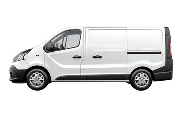White panel delivery van with clean body lines, black trim, and steel wheels, detailed handles and fuel cap visible, isolated on transparent background.
