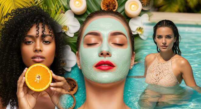 Exotic spa beauty and tropical wellness three women celebrate relaxation and skincare with hydrating masks and natural aromas a symbol of luxury