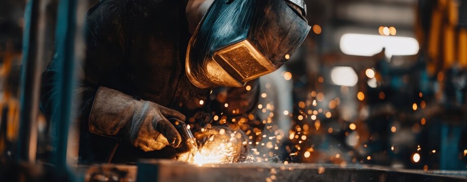 The Welder in Protective Helmet Cutting Steel with Sparks Flying in Industrial Workshop