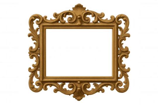 Ornate gold baroque picture frame with intricate carving, classic vintage design and transparent background - Powered by Adobe
