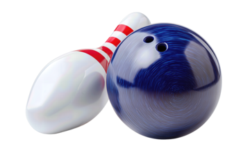 Glossy white bowling pin paired with a deep navy ball, clean design and smooth highlights emphasizing balance and contrast, isolated on transparent background.
