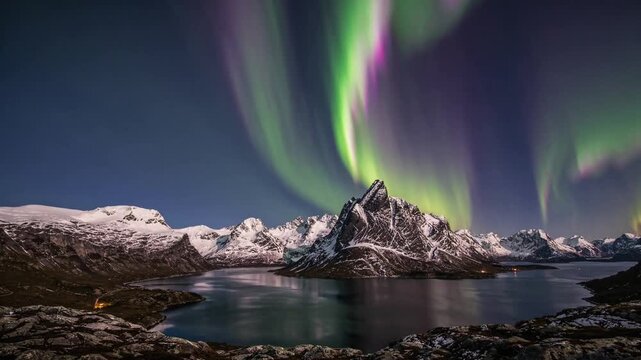 Norway- troms og finnmark- northern lights over mefjord and breidtind mountain