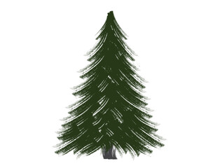 Illustration of evergreen christmas tree, painted with dark green, stylized and rough brushstrokes
