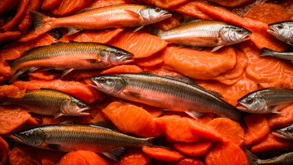 Fototapeta premium Lachs, ganze Fische auf Lachsfilets – frische Meeresfrüchte als Food-Hintergrund, Nahaufnahme