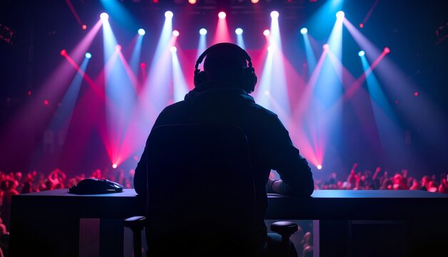 DJ wearing headphones performing on stage with dynamic colorful lighting and an energetic crowd in the background, music event concept of nightlife and entertainment