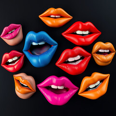 Obraz premium A collection of colorful 3D rendered human lips in various shades like red, blue, pink, and orange set against a dark background