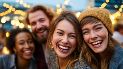 Obraz premium Group of friends celebrating at rooftop party, fairy lights and golden dusk, laughter and joy, cinematic urban lifestyle, timeless connection, city energy, warmth and happiness, wi