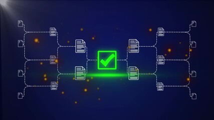 Neon glowing document verification blockchain network with digital check mark icon showing secure data validation system, online approval process, and cyber security technology concept 4k animated. - Powered by Adobe