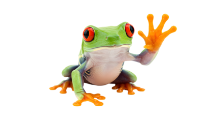 Close-up of a red-eyed tree frog with bright colors waving on white background, perfect for wildlife and nature projects