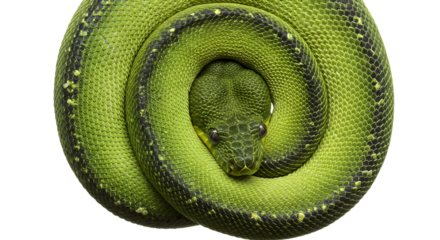 Coiled green snake with textured scales and reflective eyes on white background, close-up wildlife photography perfect for animal and nature projects
