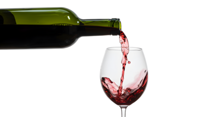 Red wine being poured from a wine bottle into a glass with splashing motion, isolated on black background, perfect for restaurant or bar promotions