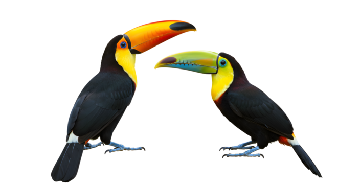 Two colorful toucans facing each other isolated on white background, vibrant tropical birds perfect for wildlife and nature projects