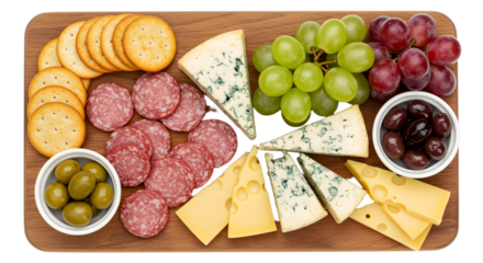 Charcuterie board with sliced salami, cheeses, green and red grapes, green olives, black olives, and round crackers on wooden tray, perfect for appetizers
