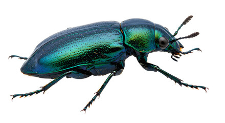 Fototapeta premium Close-up of iridescent blue-green beetle isolated on white background, detailed insect macro photography for biology and entomology studies