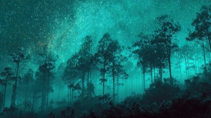 Foreboding tall trees stand against a breathtaking starry sky during a calm night casting a mysterious atmosphere.