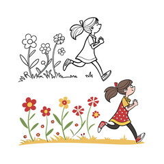 Whimsical girl running through colorful flower garden in cartoon style isolated on transparent background