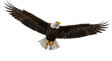 Obraz premium Majestic bald eagle in full flight with wings spread wide, isolated on white background, symbol of freedom and strength for wildlife and nature projects