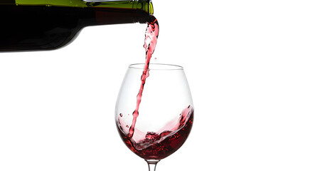 Red wine being poured into a clear glass isolated on white background, perfect for wine tasting events and beverage promotions