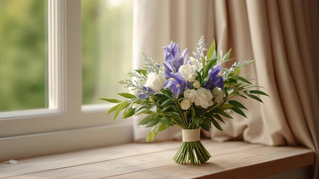 Weekday wedding vibes bouquet of white rose and purple iris on wooden window ledge with soft natural light serene romantic morning mood