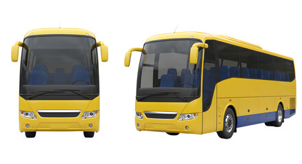 Yellow coach bus front and side view isolated on white background, perfect for transportation and travel projects