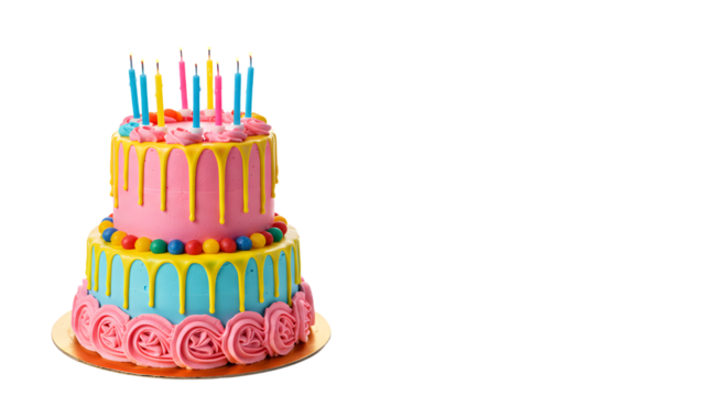 Two-tier colorful birthday cake with lit candles and decorative icing, perfect for birthday parties and celebrations