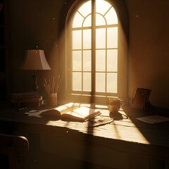 Golden Morning Light on a Rustic Study Desk