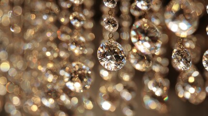 Sparkling crystals dangle in a graceful arrangement reflecting light beautifully in a glamorous venue.
