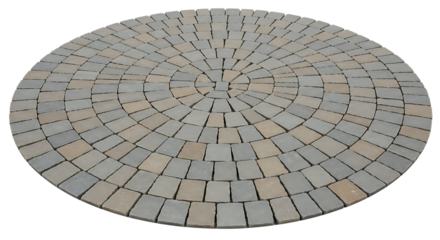 Circular paving stone pattern with alternating grey and tan rectangular blocks, isolated on a white or transparent background, cutout, PNG