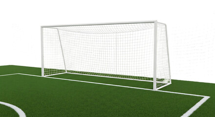 Fototapeta premium White soccer goal net on green grass field with white markings, isolated on a white or transparent background, cutout, PNG