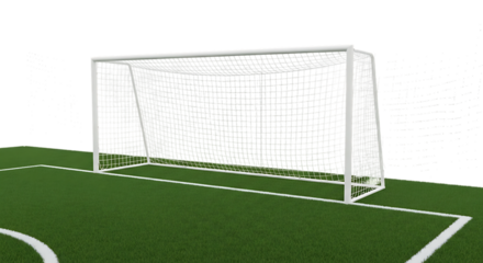 White soccer goal net on green grass field with white markings, isolated on a white or transparent background, cutout, PNG