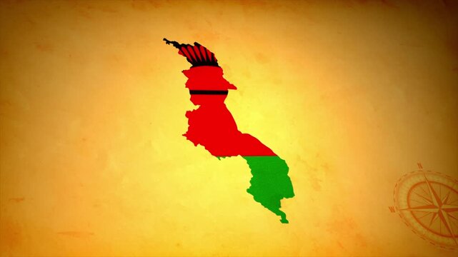 Animated Map of MALAWI with Flag in Body Isolated on Vintage Background