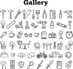 Collection of 49 Outline Icons: Hand Tools, Furniture, Vehicles, and Common Objects - Gallery Illustration