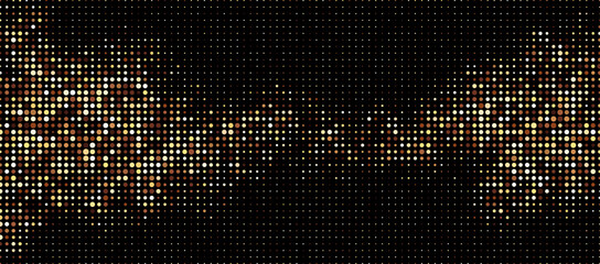 Warm golden and brown halftone dots create a glowing wave effect over a black background, ideal for festive or elegant designs.