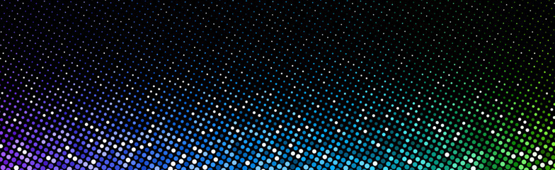 Abstract halftone vector with gradient dots in purple, blue, teal, and green over black. Vibrant retro-inspired design with a futuristic neon vibe.