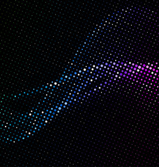 Vector halftone pattern featuring a colorful curved wave in blue, purple, and pink on a black background. 
