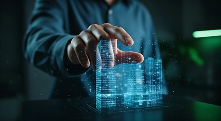 Asset tokenization concept. A hand touches a hologram of a real-world building, which divides into thousands of digital tokens for fractional ownership.