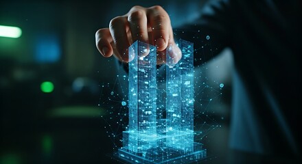 Asset tokenization concept. A hand touches a hologram of a real-world building, which divides into thousands of digital tokens for fractional ownership.