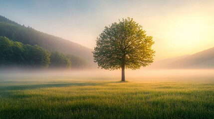 Hyperrealistic scene of a solitary tree standing in a foggy meadow with soft sunrise light, evoking tranquility, solitude, and atmospheric morning beauty.