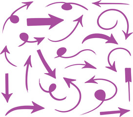 Collection of hand drawn pink arrows and pointers illustrating direction and movement on a white background