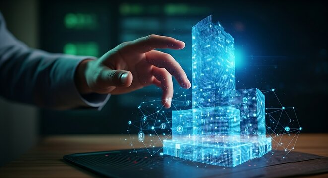 Asset tokenization concept. A hand touches a hologram of a real-world building, which divides into thousands of digital tokens for fractional ownership. - Powered by Adobe