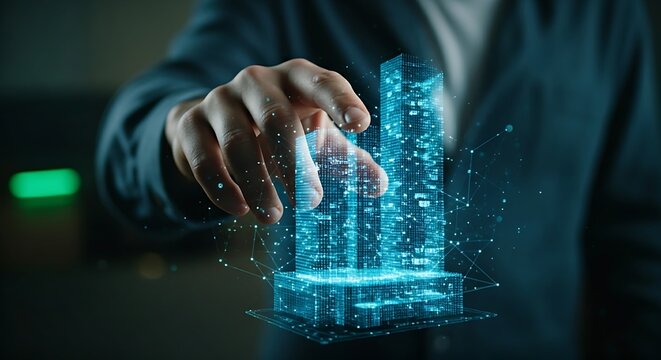Asset tokenization concept. A hand touches a hologram of a real-world building, which divides into thousands of digital tokens for fractional ownership.