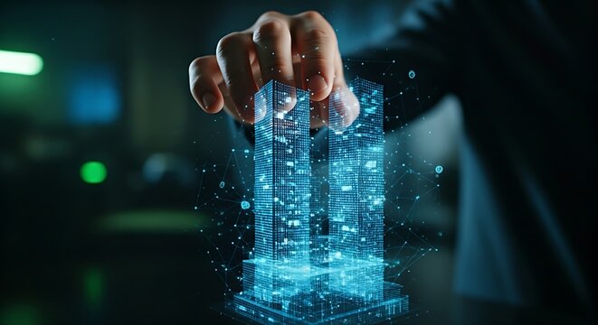Asset tokenization concept. A hand touches a hologram of a real-world building, which divides into thousands of digital tokens for fractional ownership.