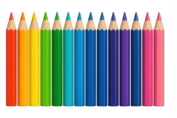 Many colored pencils standing in a row, forming a vibrant rainbow spectrum gradient. Transparent background