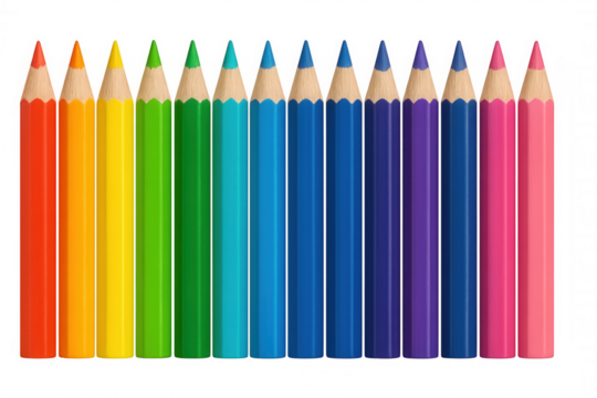 Many colored pencils standing in a row, forming a vibrant rainbow spectrum gradient. Transparent background