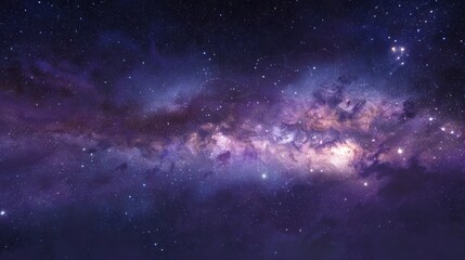 Fototapeta premium Night sky landscape with the Milky Way stretching across misty purple mountains at sunrise — a serene view combining natural beauty and cosmic wonder, perfect for adventure and astronomy themes.